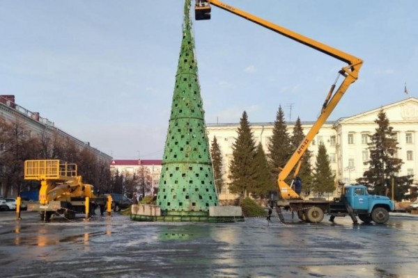 На центральной площади Кургана начали устанавливать пушистую красавицу