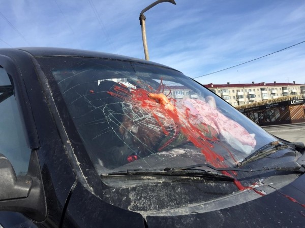 По улицам Кургана эвакуатор провез машину с кровавой куклой на стекле